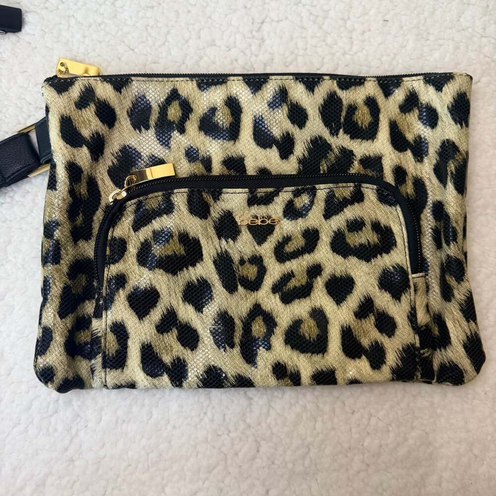 Bebe Leopard Print Clutch Wristlet Gold Hardware